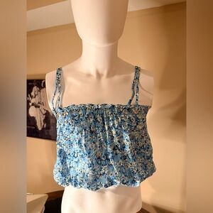Ramy Brook Siena Printed Silk Crop Top Turquoise Floral Size L NWT